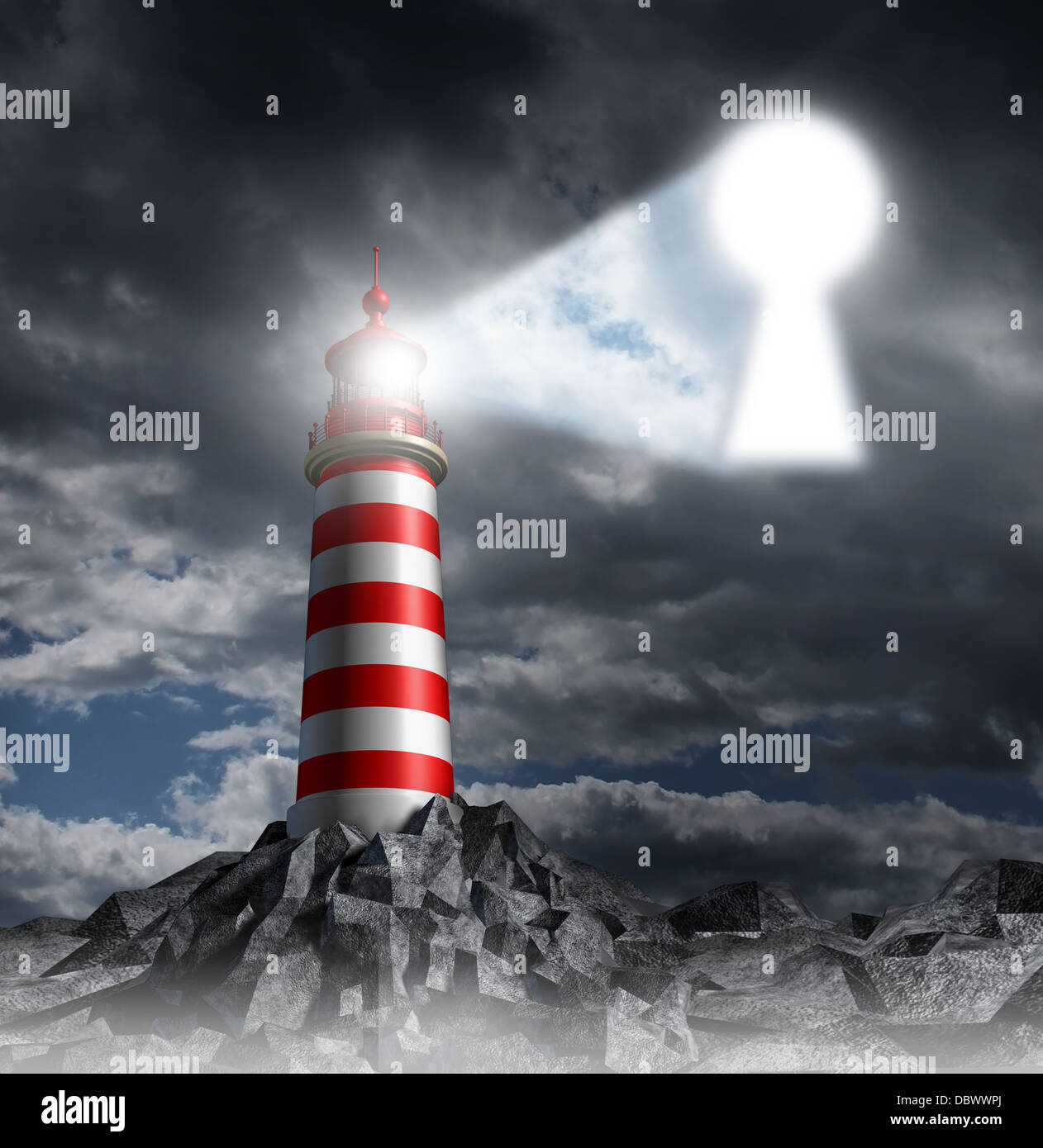 Guidance key business concept with a lighthouse beacon tower shinning a guiding light shaped as a key hole on a stormy dark background sky as a symbol of hope and finding solutions. Stock Photo