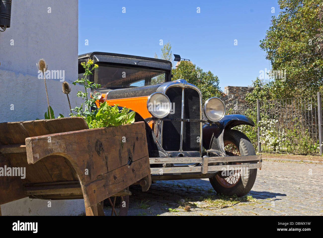 vintage car in Colonia del Sacramento street. Colonial village in