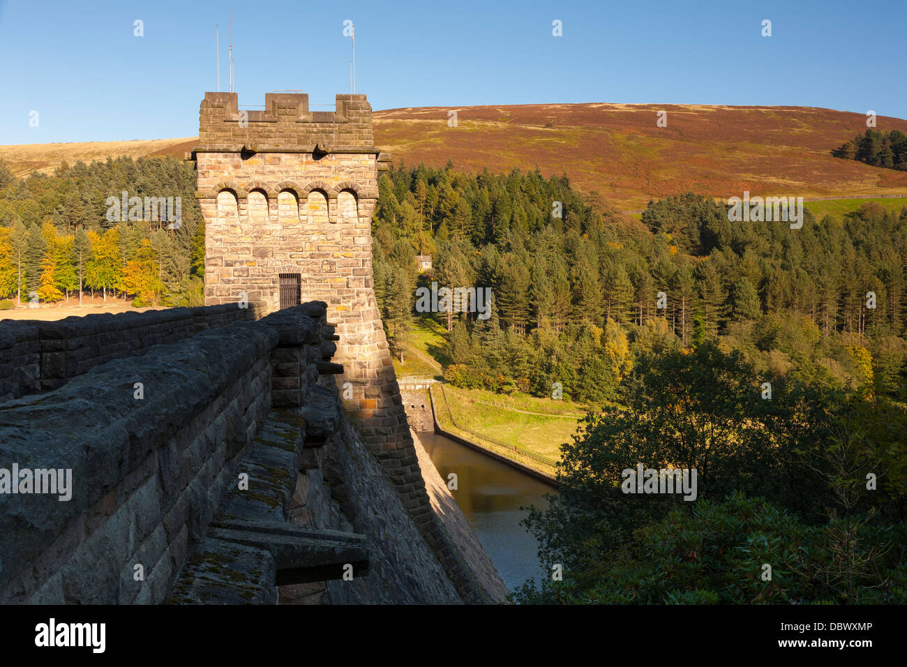 View of the Derwent dam separating the Derwent and Ladybower reservoirs Stock Photo