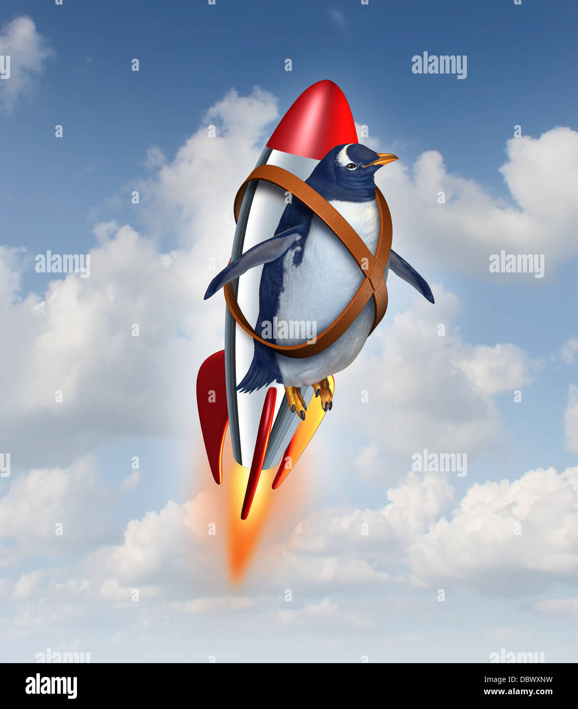 Determined to succeed and overcome limitations concept as a realistic penguin flying in the air using a rocket as a business symbol of achievement potential and possibilities in your abilities to overcome obstacles. Stock Photo