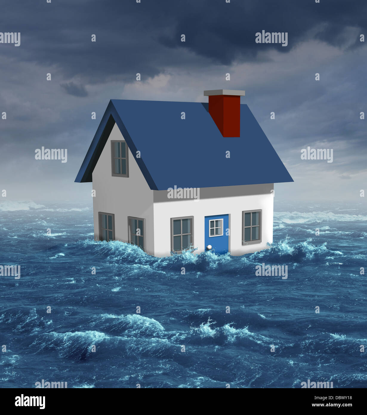 House flood insurance concept with a generic residential home damaged during a flooding disaster by severe weather or hurricane Stock Photo