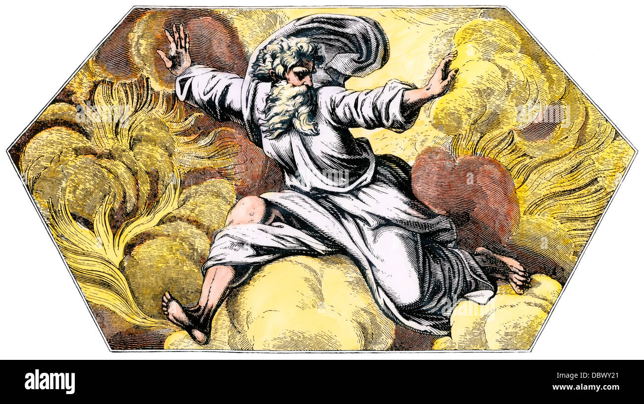 God creating the Heaven and the Earth, from the Loggie of Raphael. Hand-colored woodcut Stock Photo
