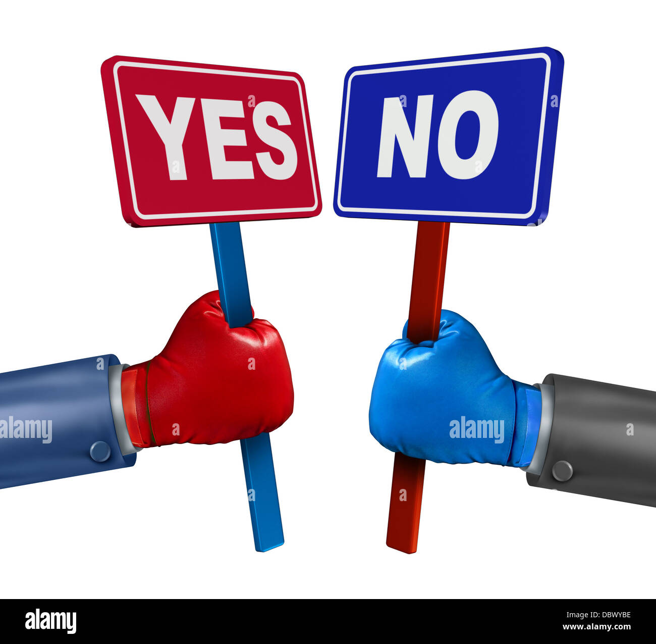 Vote conflict concept as a competition between two opposing rivals wearing boxing gloves and holding yes or no signs fighting and campaigning to change opinions on a white background. Stock Photo