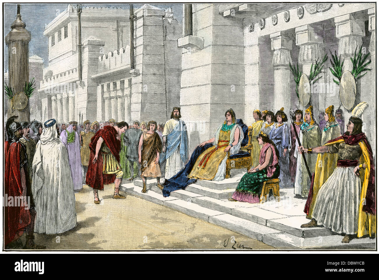 Dido, founder of Carthage, receiving Aeneas, a hero of the Trojan Wars. Hand-colored woodcut Stock Photo