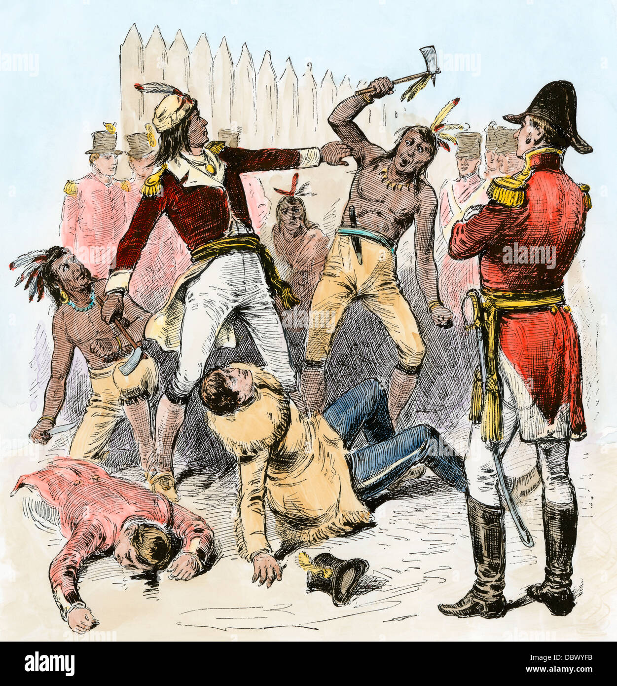 Tecumseh saving the life of a white man, watched by British General Henry Proctor. Hand-colored woodcut Stock Photo