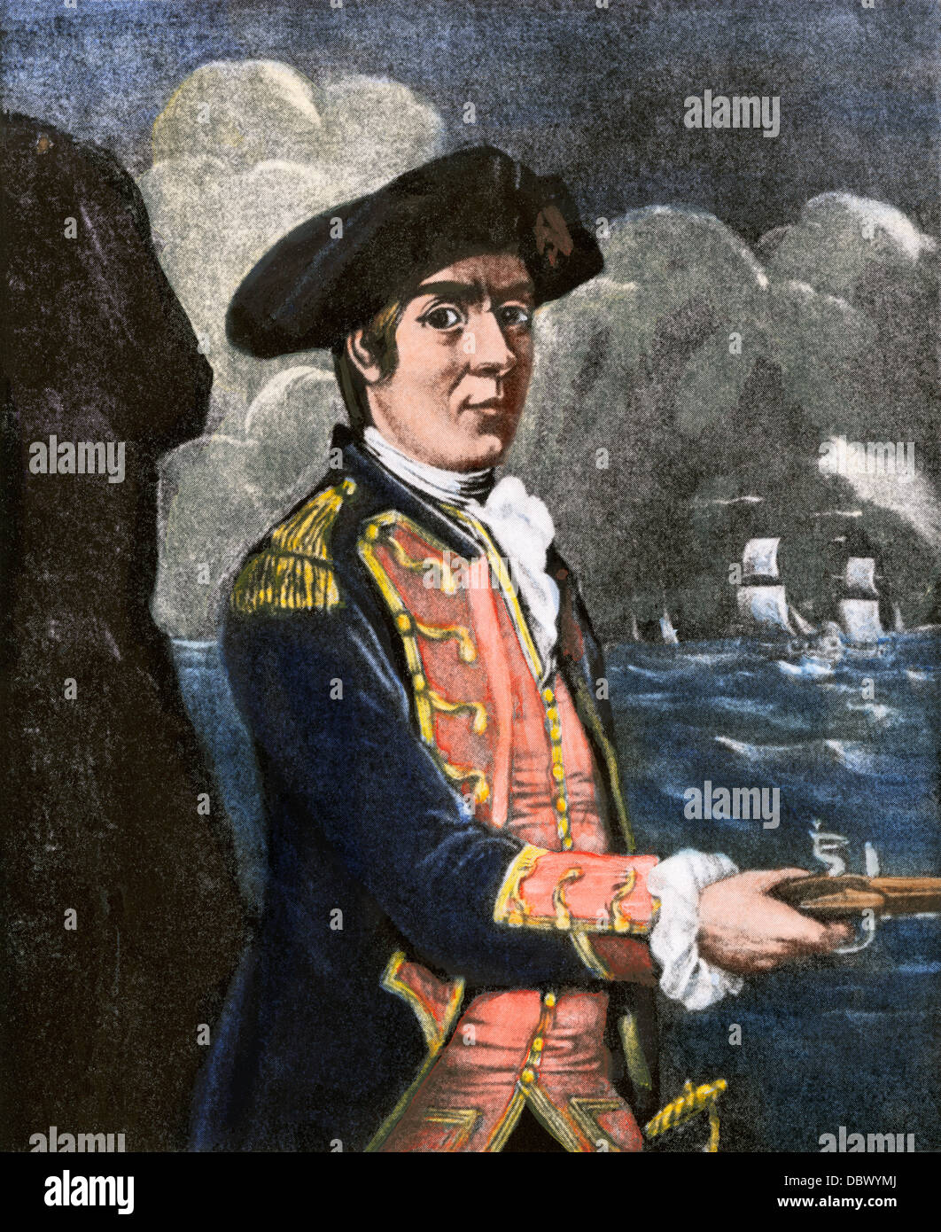 Captain John Paul Jones in a sea battle during the American Revolution. Hand-colored halftone reproduction of an illustration Stock Photo