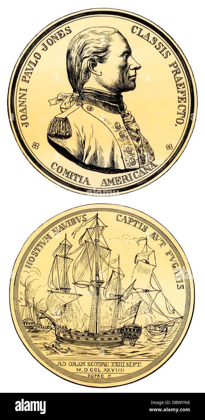 Gold medal awarded to John Paul Jones for his Revolutionary War victories in the Bonhomme Richard. Hand-colored woodcut Stock Photo
