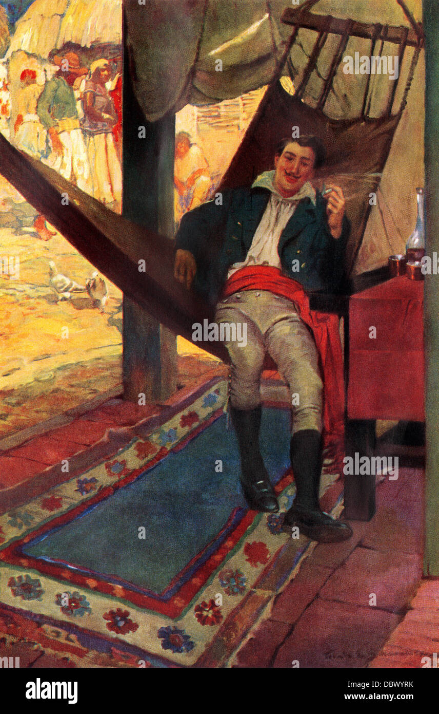 Louisiana pirate Jean Lafitte in a hammock. Color halftone reproduction of a Frank Schoonover illustration Stock Photo