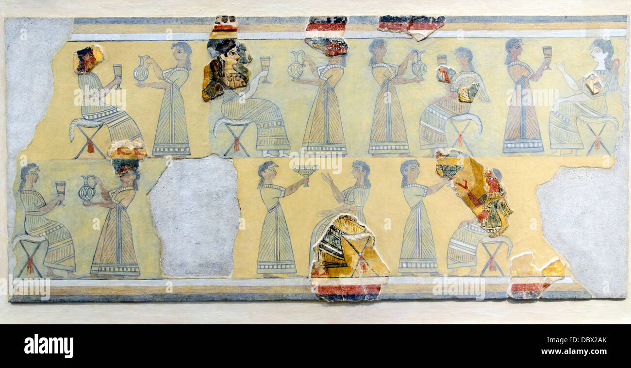 The "Camp stool Fresco" renders scenes of ceremonial banqueting. It probably mirrored actual banquets held in the upper hall of the West Wing of the palace of Knossos, where the fresco was found. The panel shows standing and seated figures on camp stools raising cups and kylikes. Knossos, Palace, Final Palatian period (1450-1350/1300 BC). Archaeological Museum of Heraklion - Crete, Greece Stock Photo