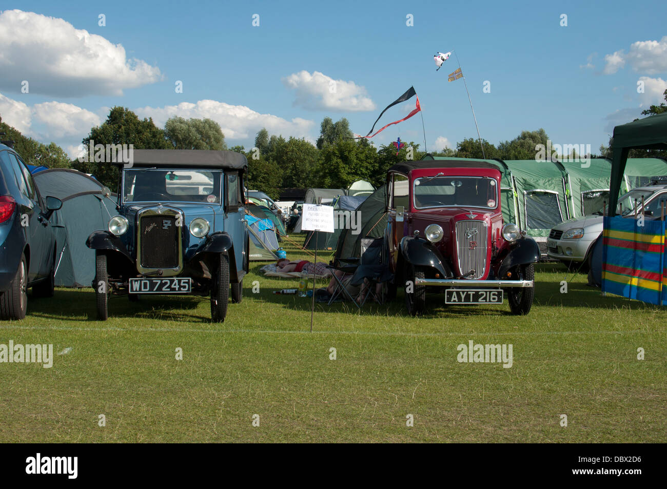 Austin 7 cars at Warwick Folk Festival campsite, Warwick, UK Stock Photo