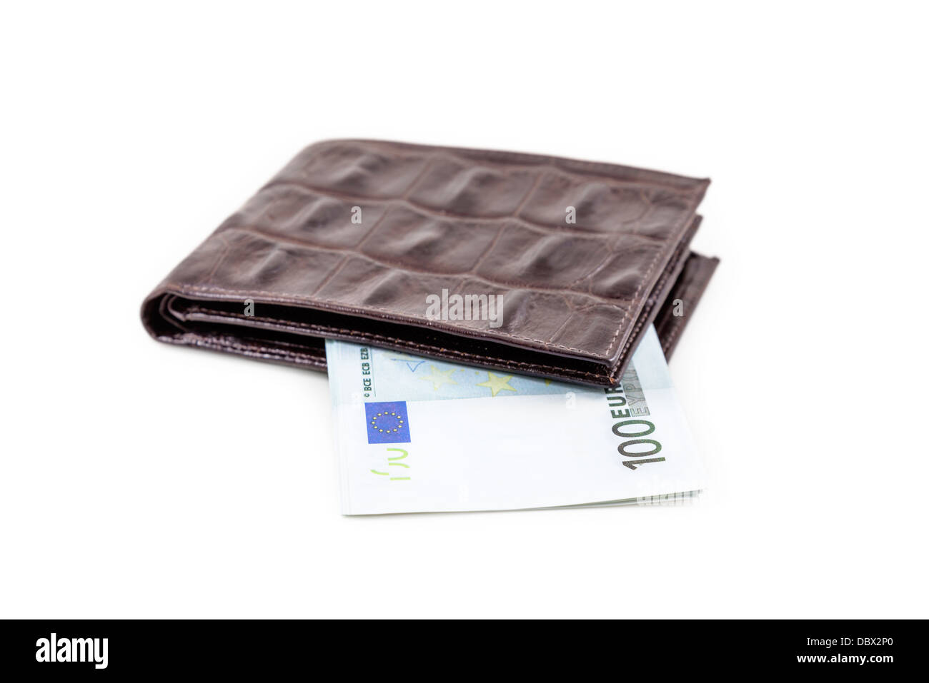 The brown leather wallet with euro is photographed on the close-up Stock Photo