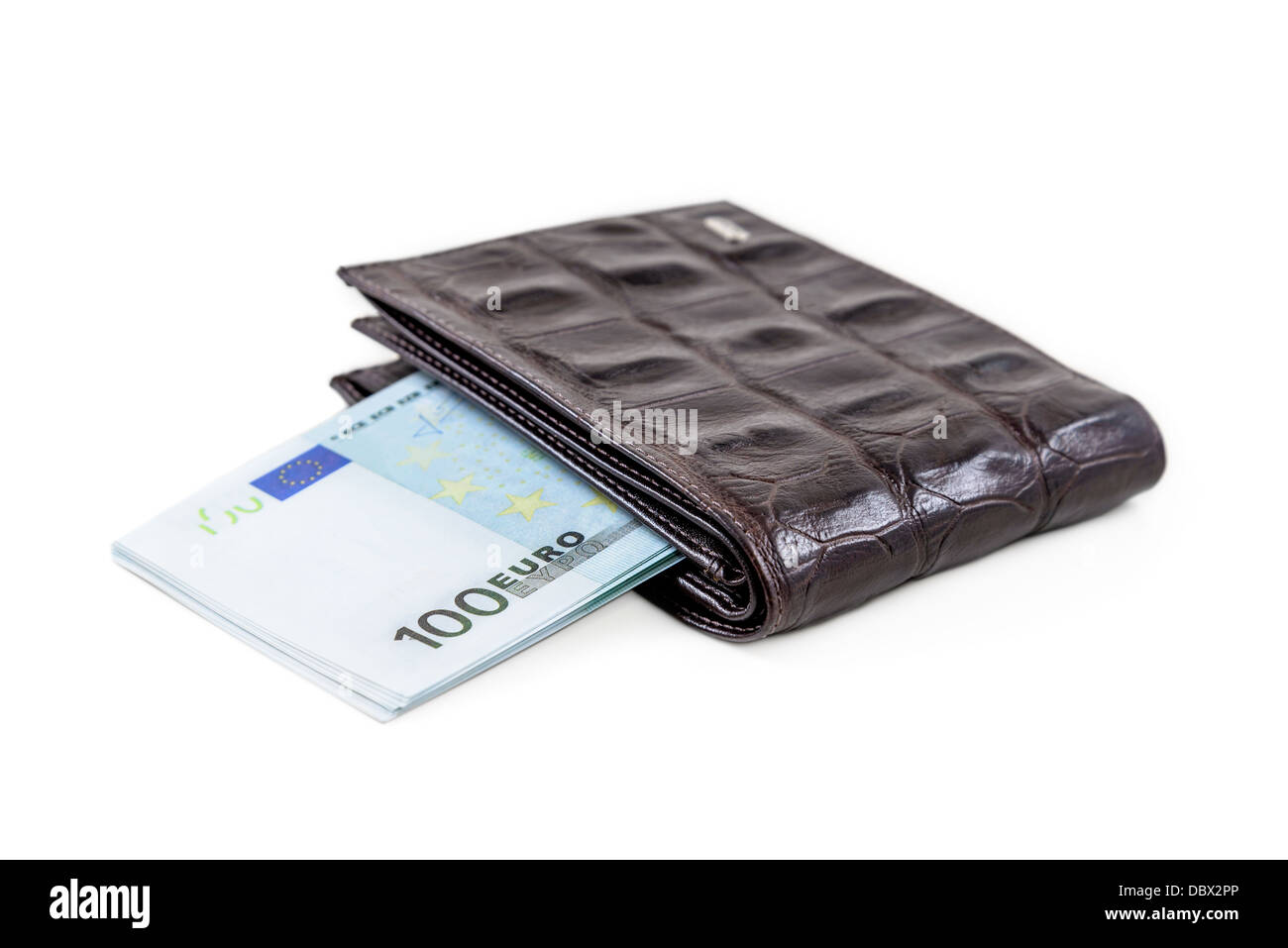 The brown leather wallet with euro is photographed on the close-up Stock Photo