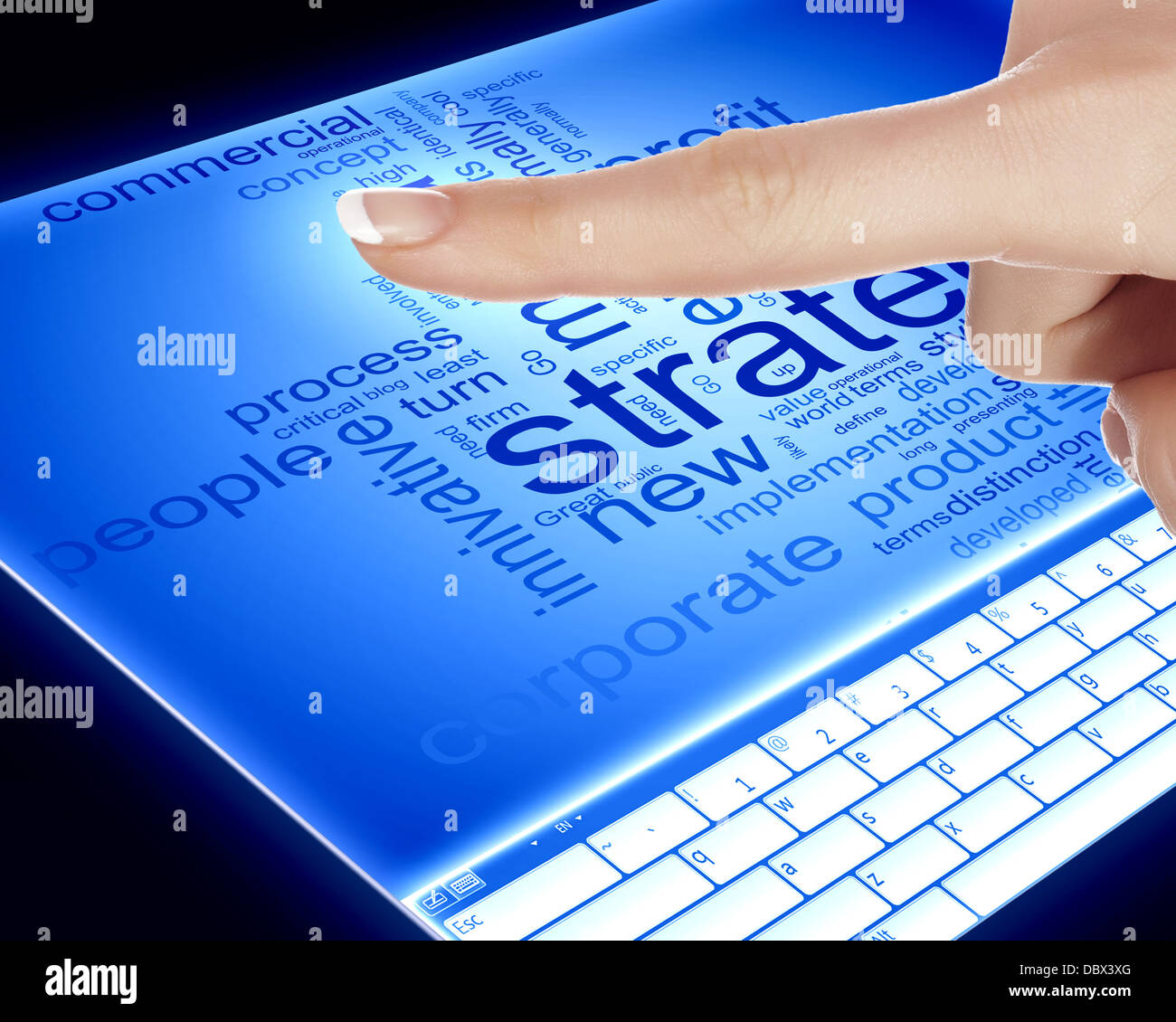 Finger touching a blue computer screen Stock Photo - Alamy