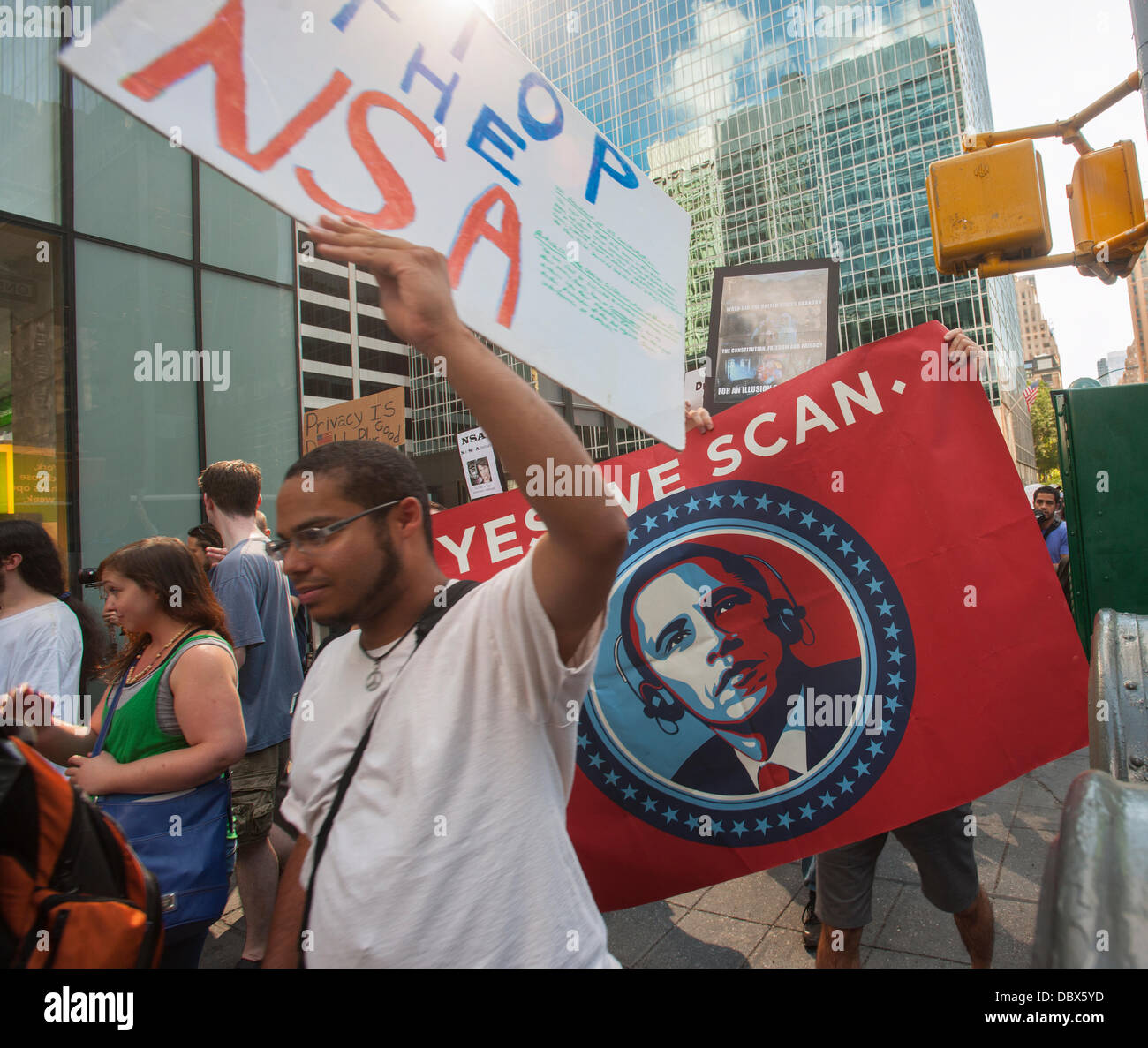 New York, New York. 04th Aug, 2013. Protesters in midtown Manhattan in New York demonstrate against the National Security Agency's surveillance of Americans' email and telephone conversations on Sunday, August 4, 2013. The protest was organized by a group called 'Restore the Fourth' referring to the Fourth Amendment of the Constitution which protects citizens against unreasonable searches by the government. Many citizens are opposed to the NSA activities and the events which took place around the country were called '1984 Day'. Credit:  Richard Levine/Alamy Live News Stock Photo