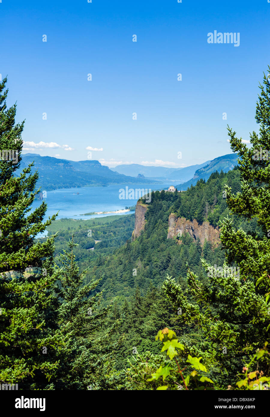 View over Columbia River Gorge from historic Columbia River highway looking towards Crown Point , Oregon, USA Stock Photo