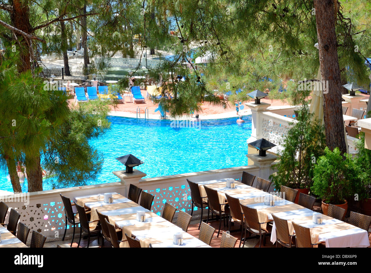 Outdoor restaurant at modern luxury hotel, Marmaris, Turkey Stock Photo