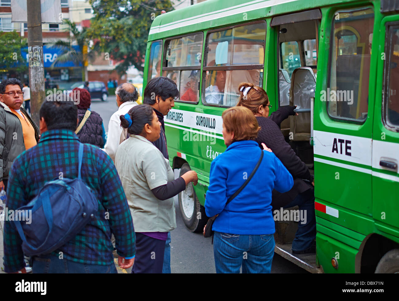 Peruvian Buses, public transport Miraflores district of Lima, Peru. Stock Photo