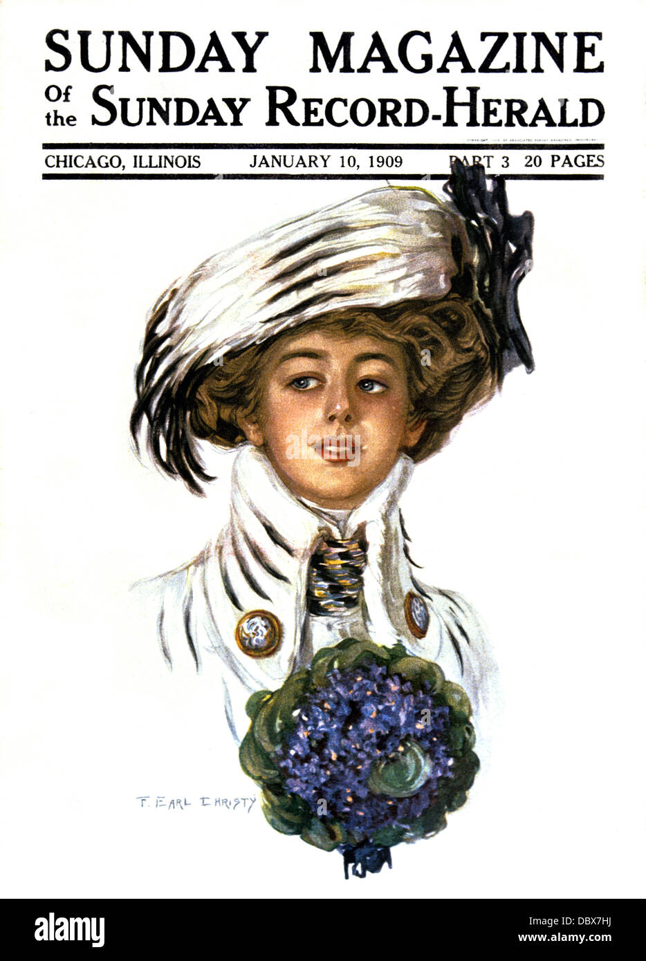 1900s WOMAN WEARING STYLISH HAT CLOTHES PORTRAIT HOLDING BOUQUET OF VIOLETS JANUARY 10 1909 MAGAZINE COVER Stock Photo