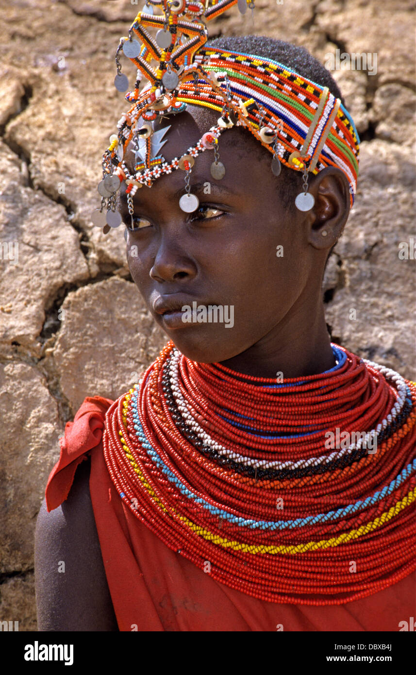 SAMBURU NATIONAL RESERVE KENYA AFRICA PORTRAIT OF SAMBURU WOMAN WEARING TRADITIONAL JEWELRY AND HEADDRESS Stock Photo