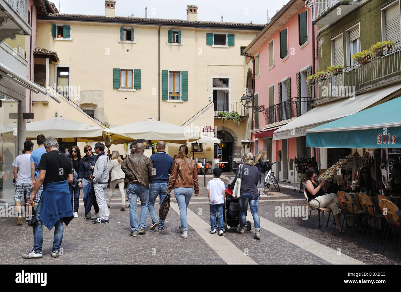 A busy piazza in Bardolino, on Lake Garda. Stock Photo