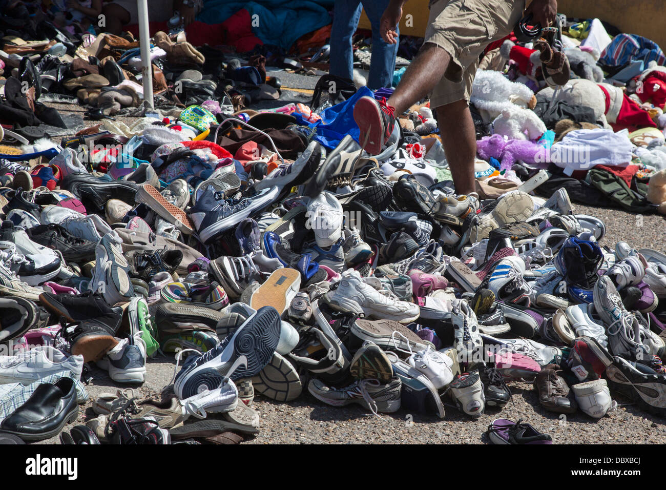 Hidalgo, Texas - Shoes on sale at an open-air flea market. Stock Photo