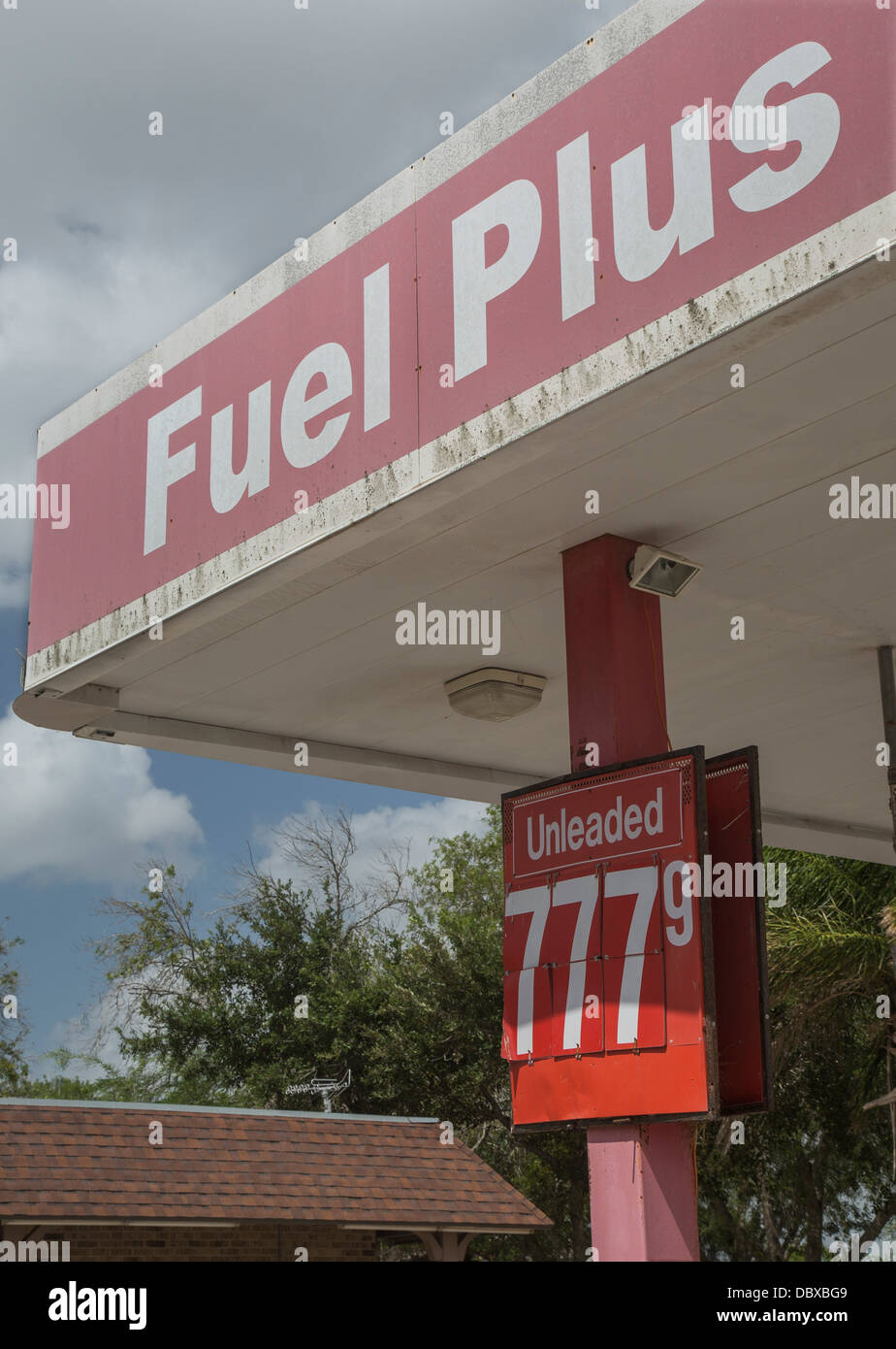 El Ranchito, Texas - A price of $7.77 per gallon posted at a closed gas station. Stock Photo
