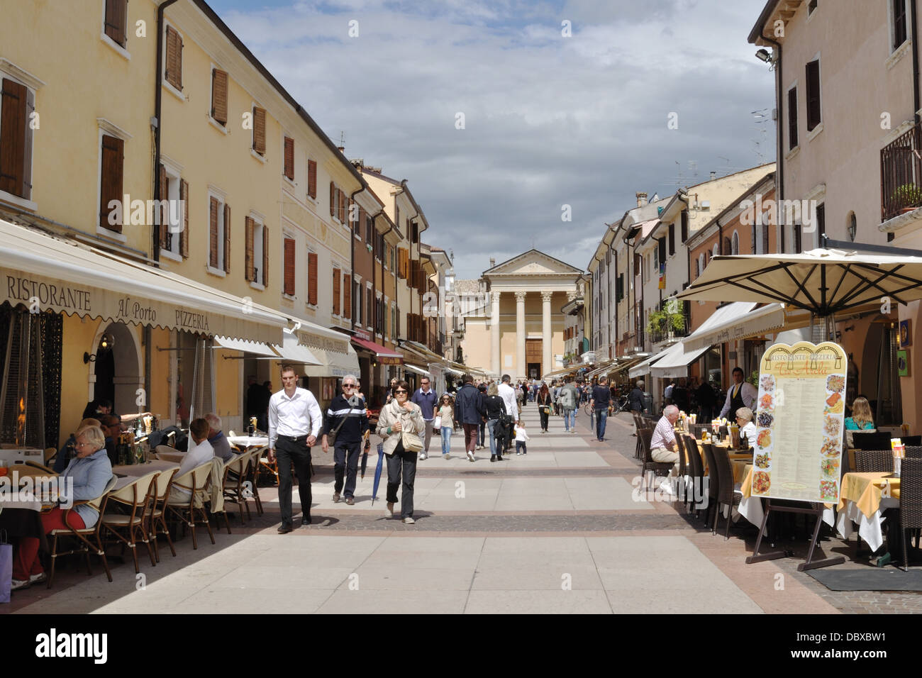 Restaurants line both sides of Piazza Giacomo Matteotti in Bardolino, on Lake Garda. Stock Photo