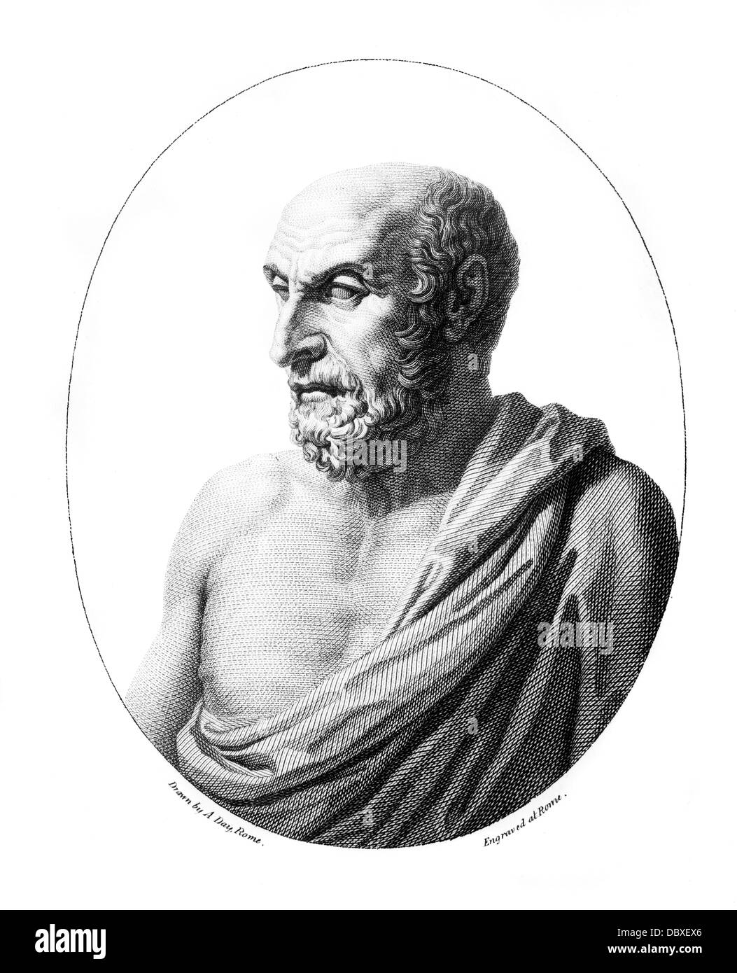 DEMOCRITUS GREEK PHILOSOPHER 400 BC ADVANCED ATOMIC THEORY ENGRAVING FROM A BUST IN THE VATICAN Stock Photo