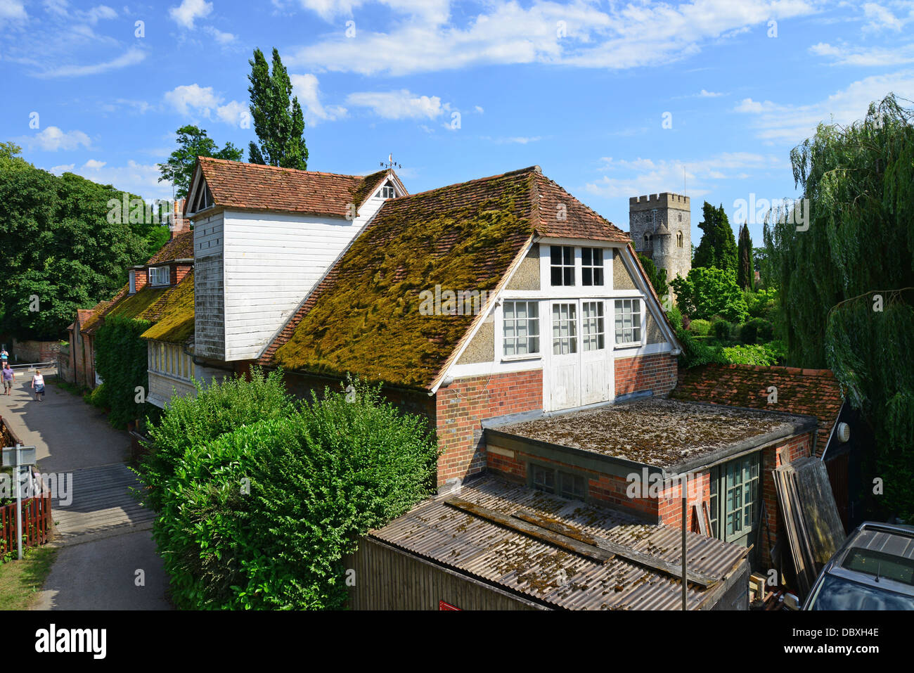 Goring Mill and parish church from the bridge, Goring-on-Thames, Oxfordshire, England, United Kingdom Stock Photo
