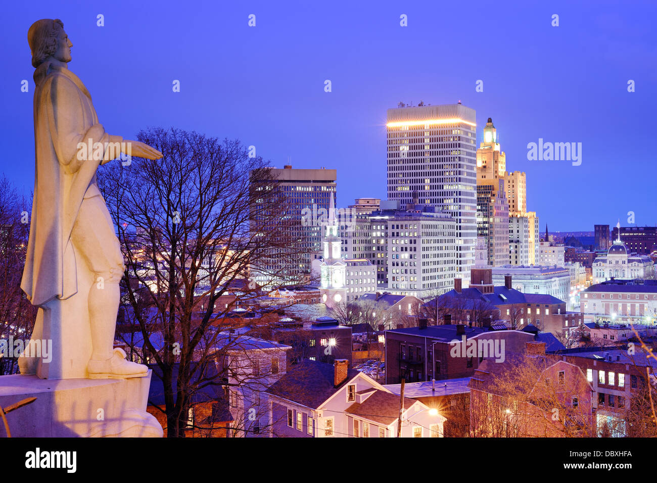 Providence Rhode Island skyline with Roger Williams monument. Stock Photo
