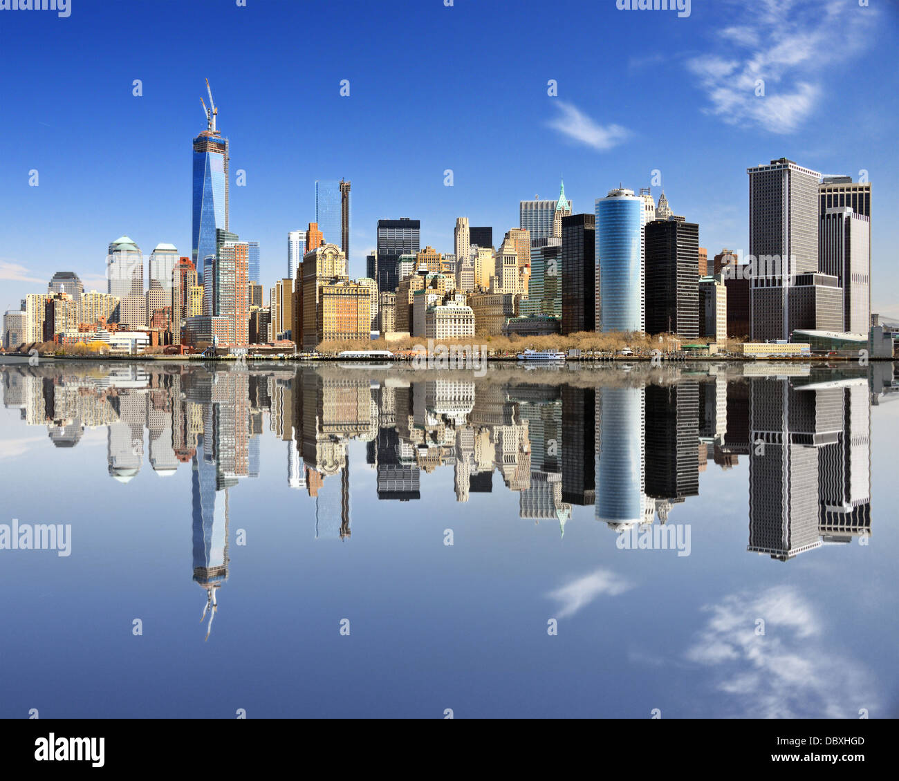 New York City at Lower Manhattan with reflections. Stock Photo