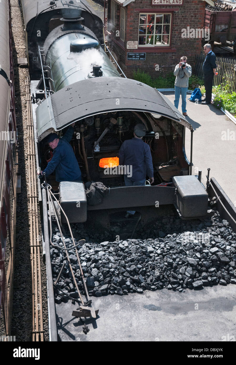 Great Britain, England, Goathland, North Yorkshire Moors Railway, train railroad station steam engine locomotive firebox coal Stock Photo