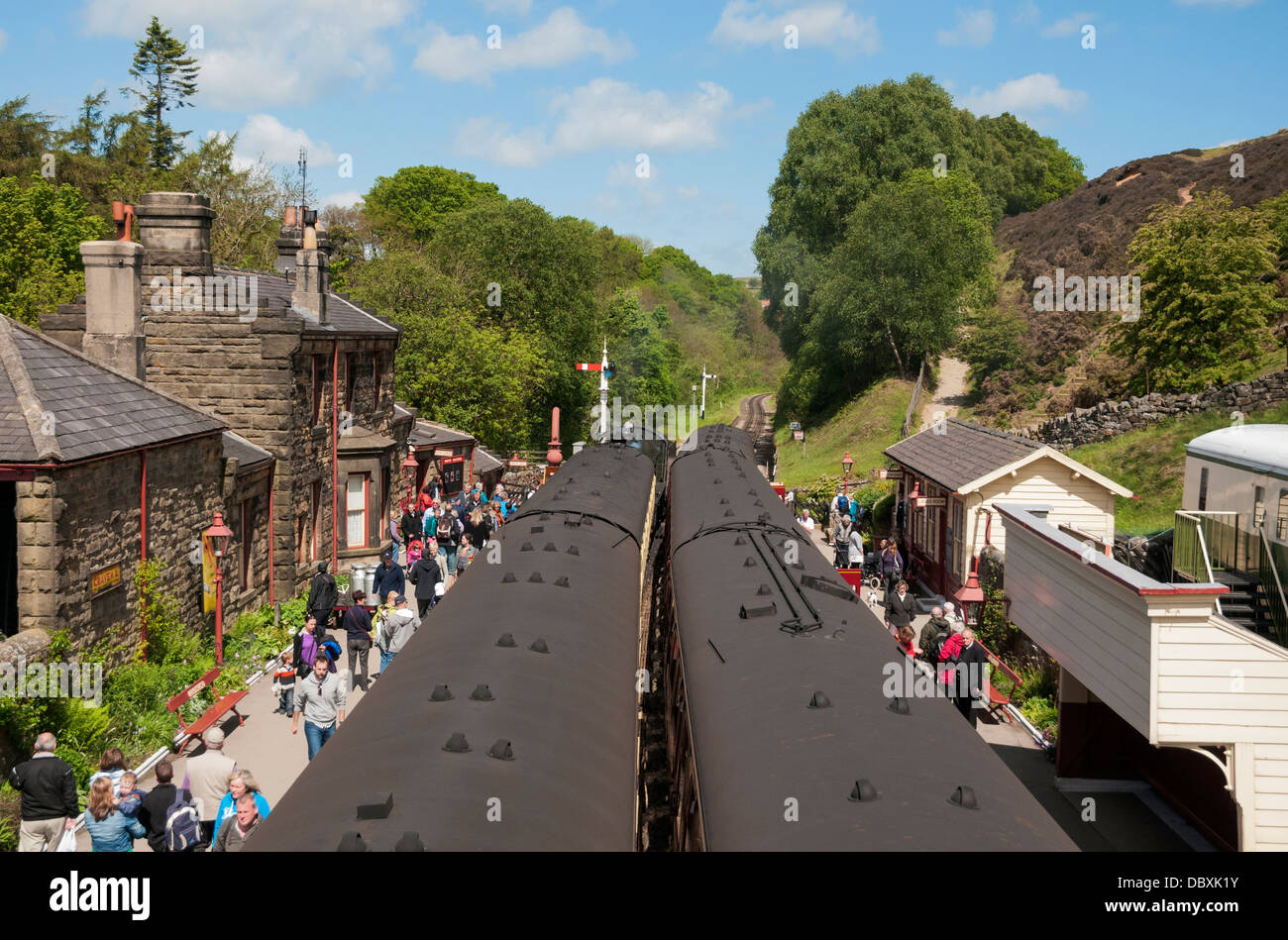 Great Britain, England, Goathland, North Yorkshire Moors Railway, train railroad station Stock Photo