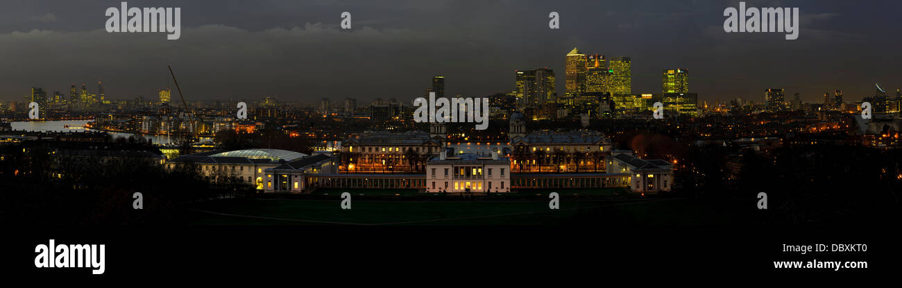 A view of the London Skyline from the terrace in Greenwich Park on a stormy evening. Stock Photo