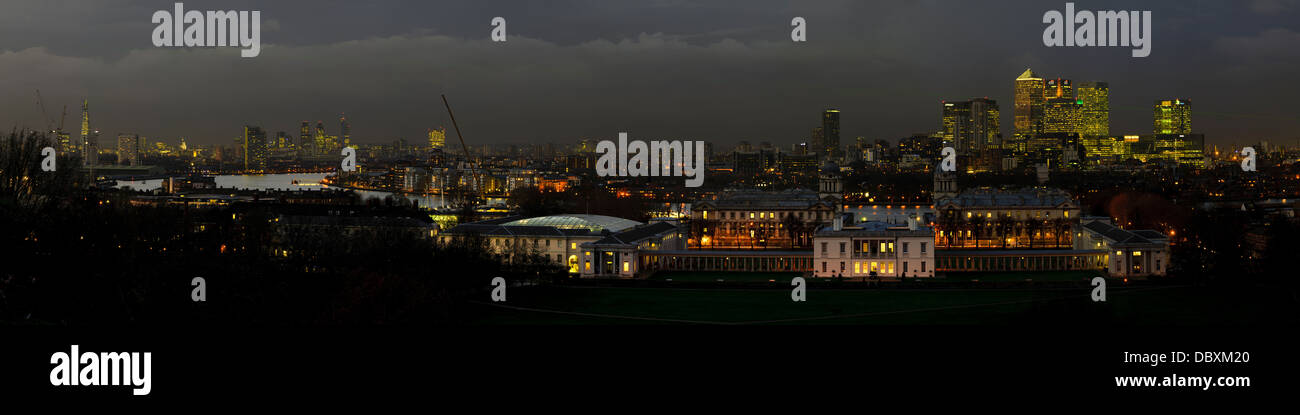 A view of the London Skyline from the terrace in Greenwich Park on a stormy evening. Stock Photo
