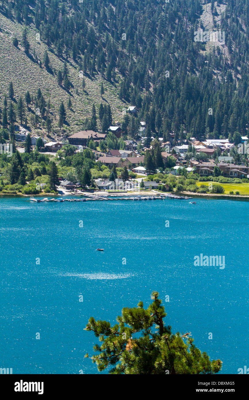 Boats on June Lake and June lake village on brilliant summers day Stock