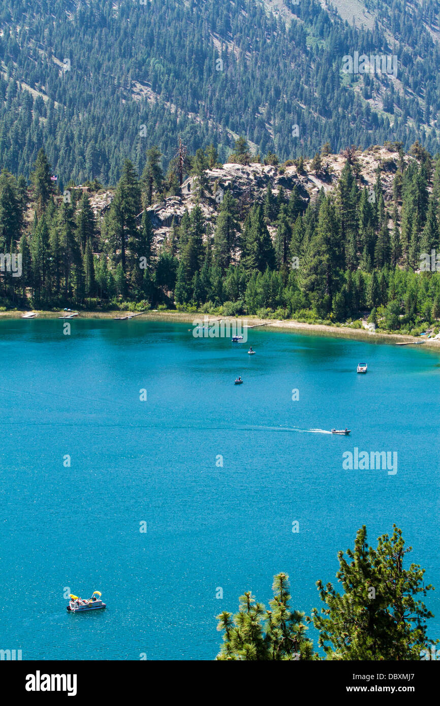 Boats on June Lake and June lake village on brilliant summers day Stock