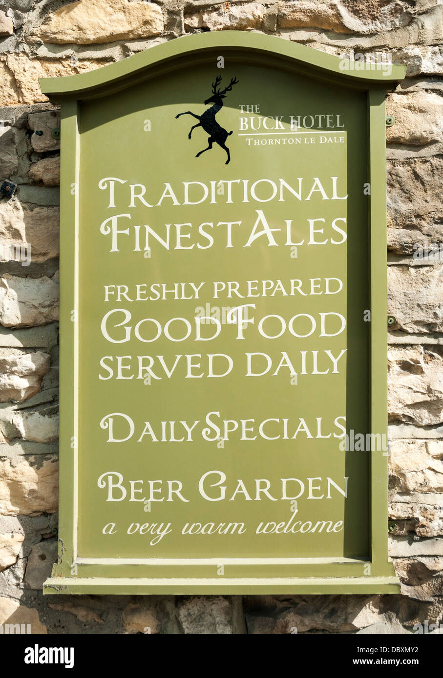Great Britain, England, North Yorkshire, Thornton-le-Dale, The Buck Hotel, pub restaurant sign Stock Photo