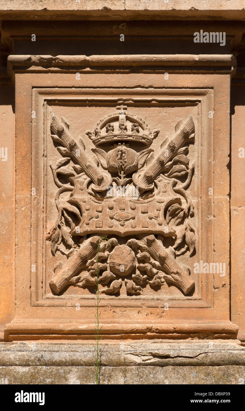 Imperial heraldic symbols (cross of Burgundy, Habsburg firesteels, Pomegranate of Granada) of Charles V, Holy Roman Emperor, Pa Stock Photo