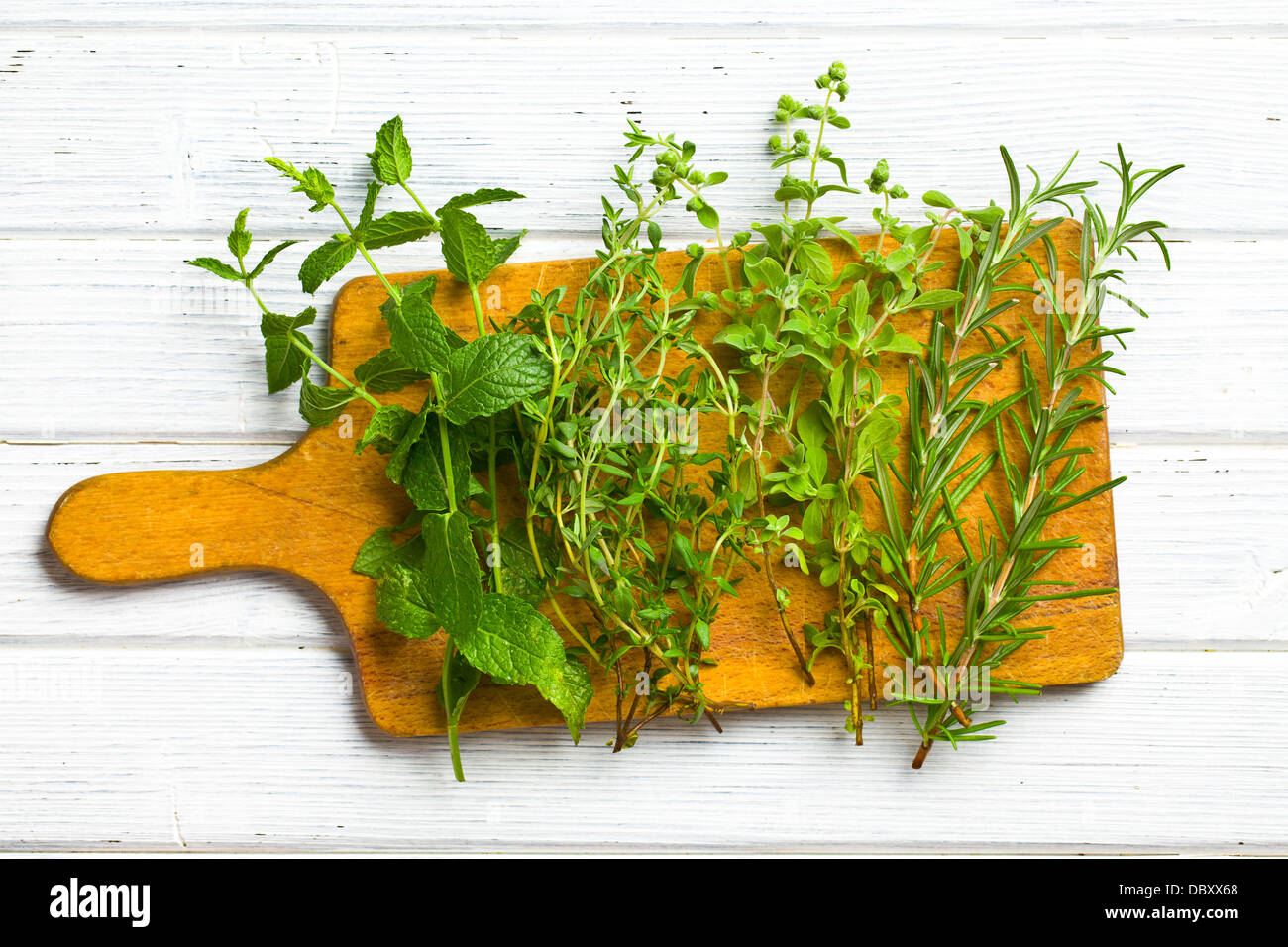 various herbs on kitchen table Stock Photo