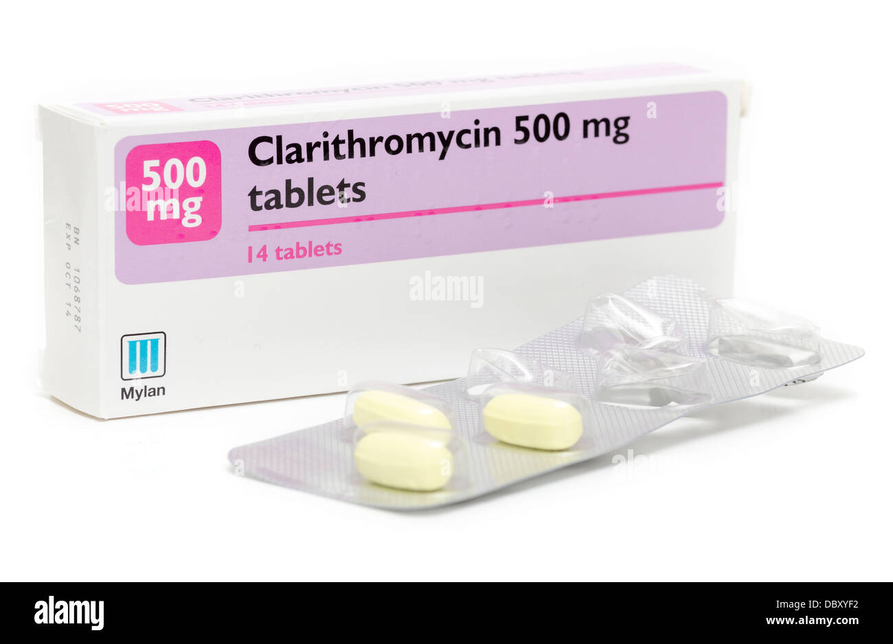 Clarithromycine tablet and box Stock Photo