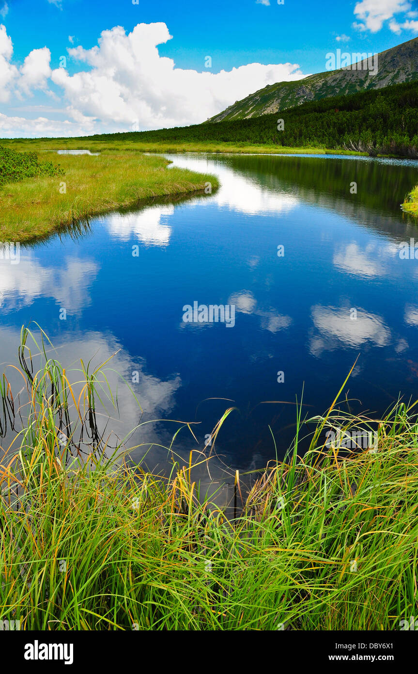 Mountain lake with sky and white clouds reflection Stock Photo - Alamy
