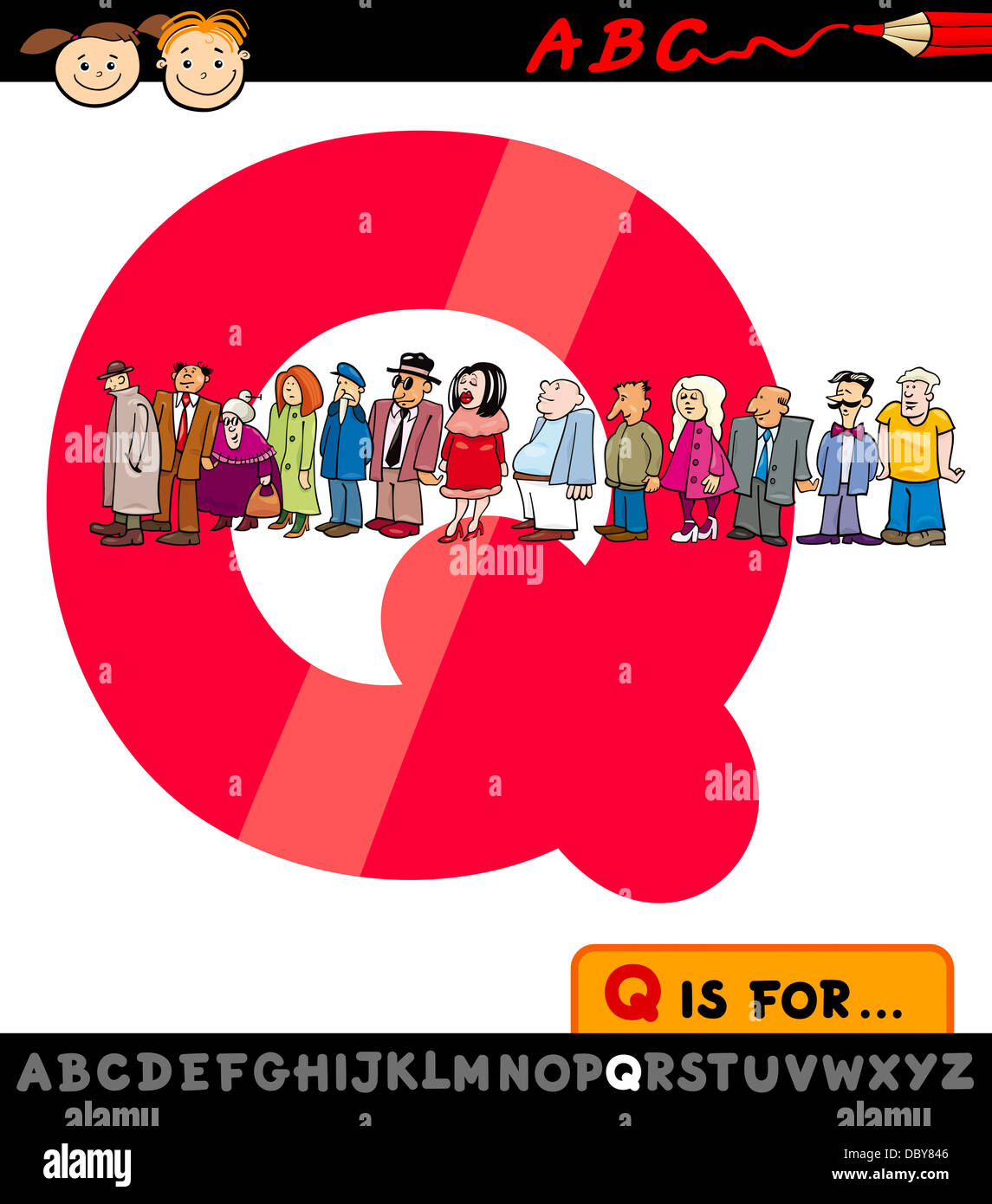 Cartoon Illustration of Capital Letter Q from Alphabet with Queue for ...