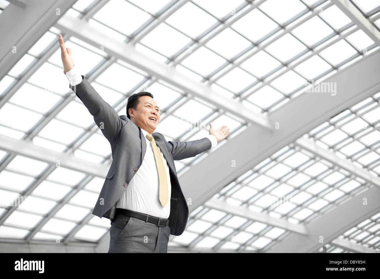Excited businessman opening his arms in airport lobby Stock Photo - Alamy