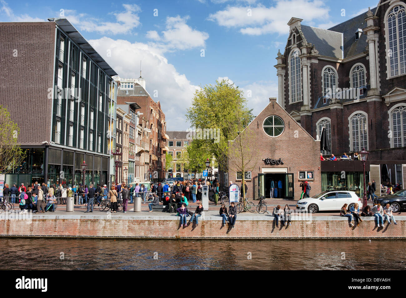 City of Amsterdam, on the left Anne Frank House, on the right Westerkerk, Prinsengracht canal, Holland, Netherlands Stock Photo