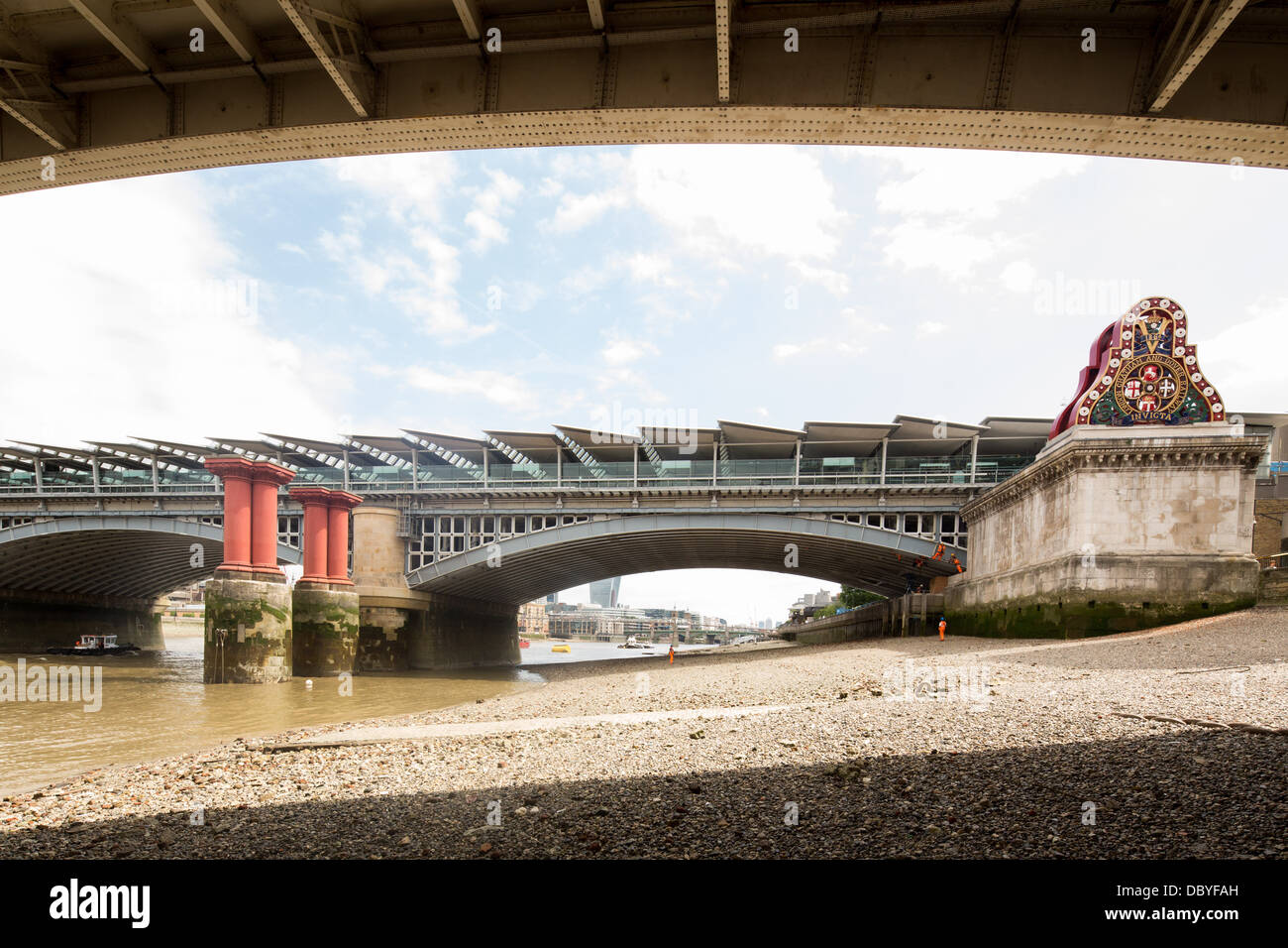 Blackfriars Bridge and Rail Station as seen from Bankside foreshore Stock Photo