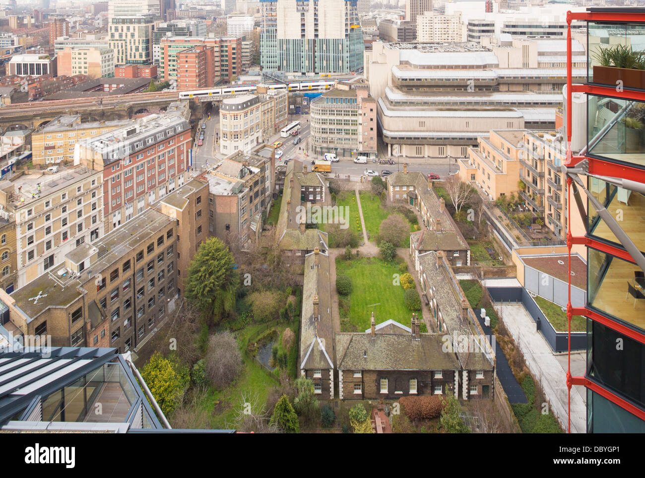 Hopton Gardens Almshouses and Southwark Street as viewed from NEO Bankside Stock Photo