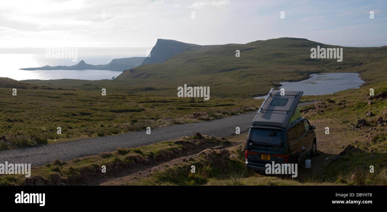 Small motor home wild camped near Waterstein Head, Duirinish coast, Isle of Skye, Scotland, UK Stock Photo