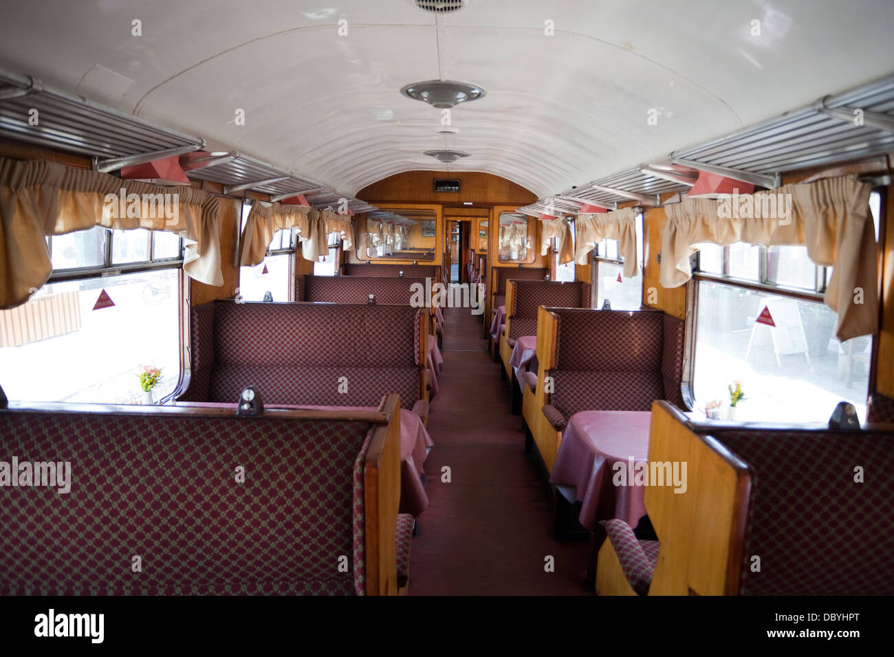 Interior of a restored railway carriage on the Strathspey Steam Line