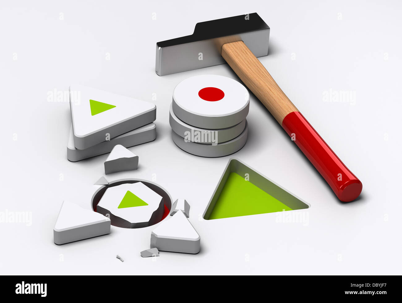 triangular and circle shapes with a hammer and one broken shape Stock Photo